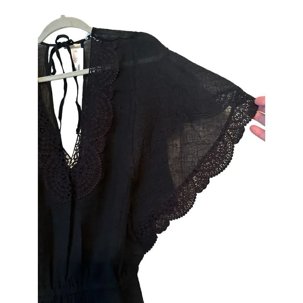 Eberjey Women's Sol Liberty Lace Trimmed Swim Cover-Up Romper Size S/M Black NWT